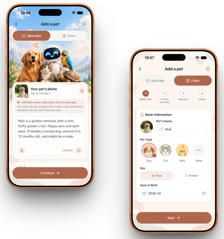 Adding a pet: a written description of Milo on the left, the step-by-step form on the right